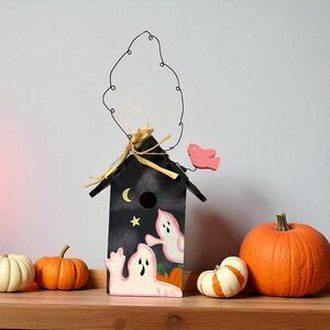 Vintage Spooky Hollow Wooden Halloween  Hand Painted Bird House Cute Ghosts